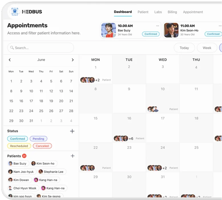 Medbus pediatric clinic security showing encrypted child health records, parent authentication portal and HIPAA compliance status