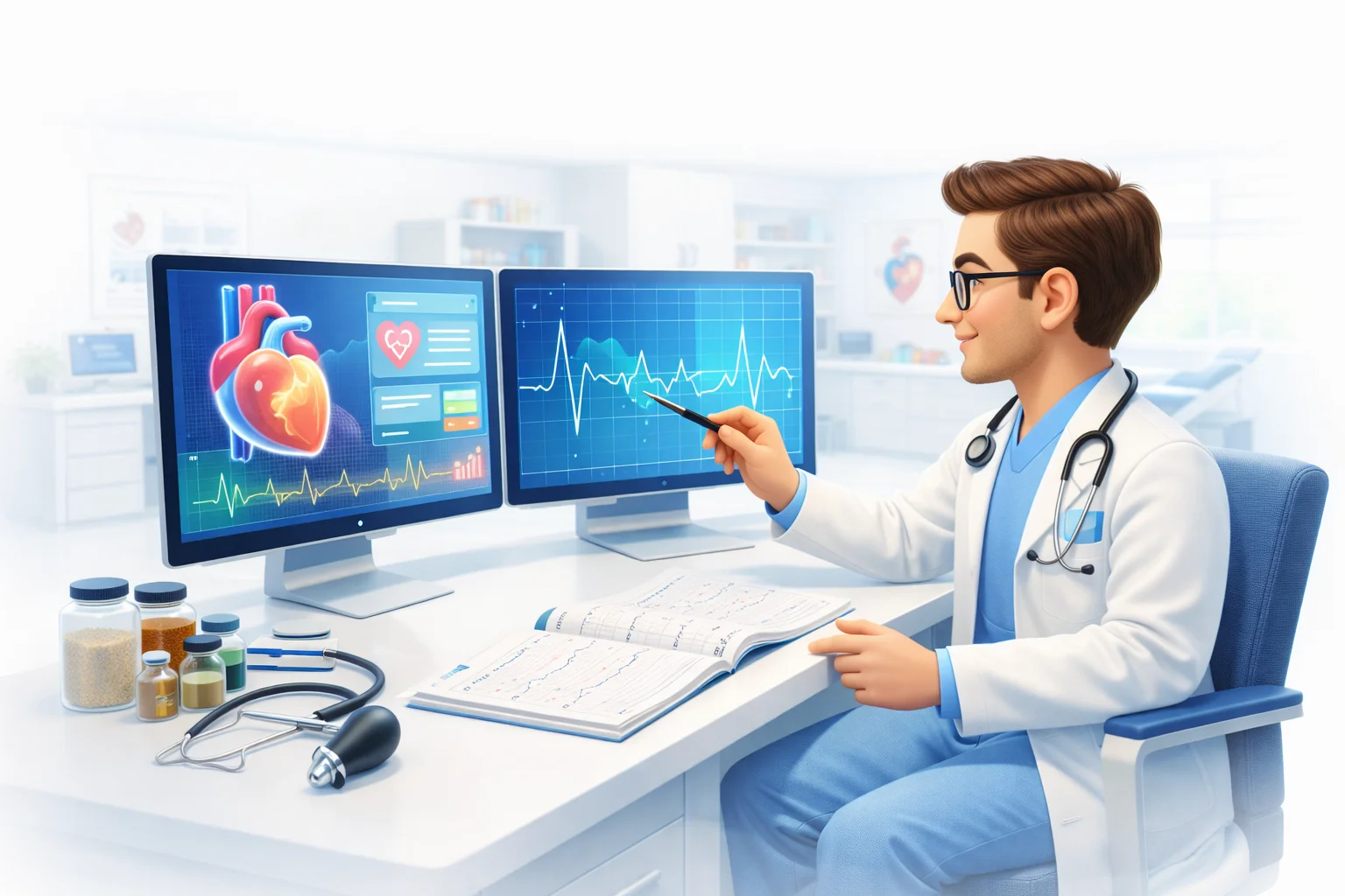 Medbus Cardiology Clinic management software — Cardiology clinic software with ECG uploads, cardiac risk scoring and heart specialist EHR.
